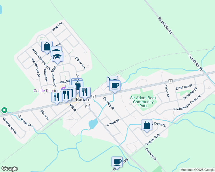 map of restaurants, bars, coffee shops, grocery stores, and more near 4 Old School House Road in Baden