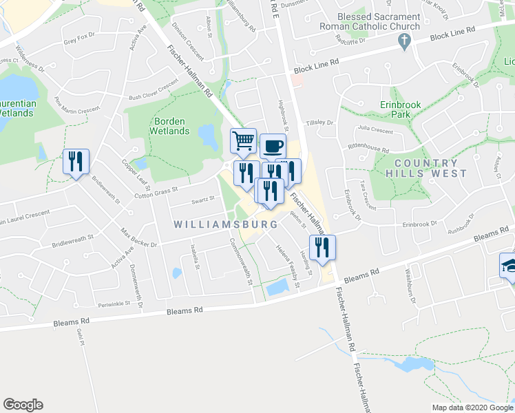 map of restaurants, bars, coffee shops, grocery stores, and more near 601 Max Becker Drive in Kitchener