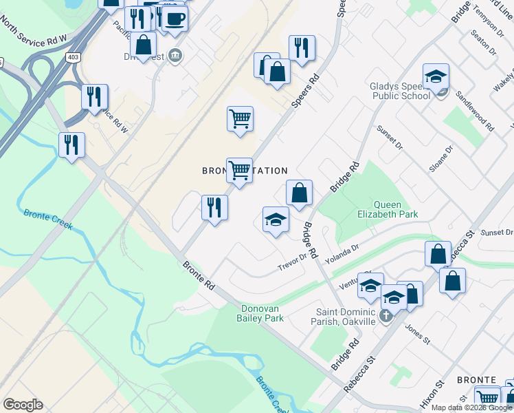 map of restaurants, bars, coffee shops, grocery stores, and more near 495 Tipperton Crescent in Oakville