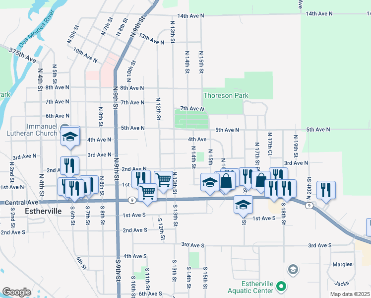 map of restaurants, bars, coffee shops, grocery stores, and more near 1314 4th Avenue in Estherville