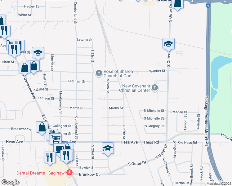 map of restaurants, bars, coffee shops, grocery stores, and more near 4428 Hiland Street in Saginaw