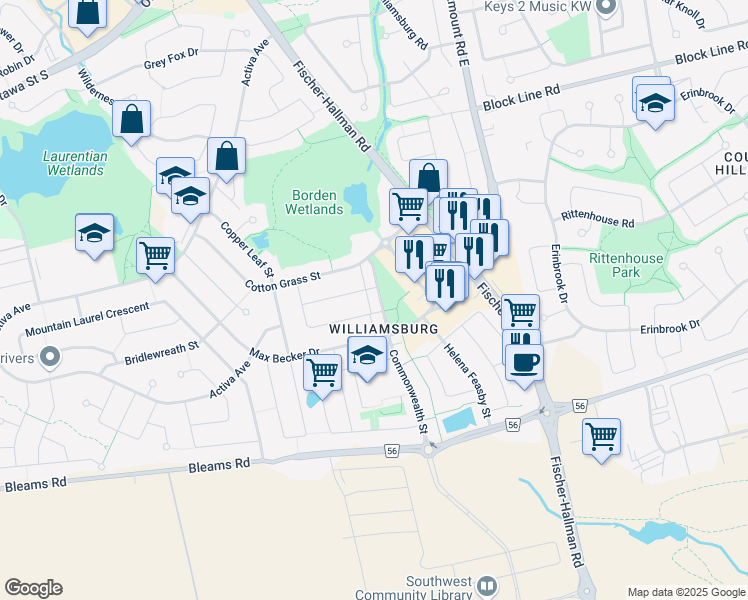 map of restaurants, bars, coffee shops, grocery stores, and more near 175 Commonwealth Street in Kitchener
