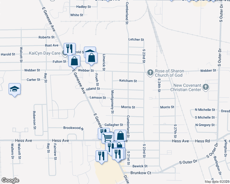map of restaurants, bars, coffee shops, grocery stores, and more near 2303 Montgomery Street in Saginaw