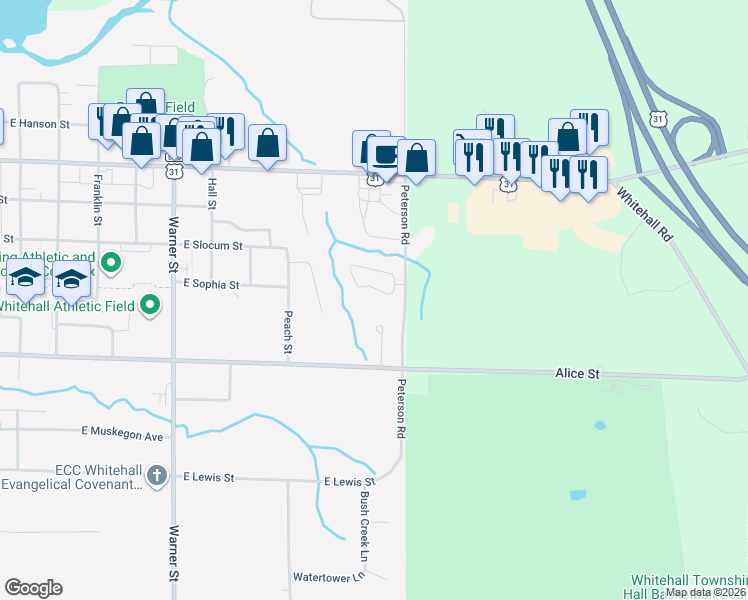 map of restaurants, bars, coffee shops, grocery stores, and more near 1215 South Timberview Drive in Whitehall