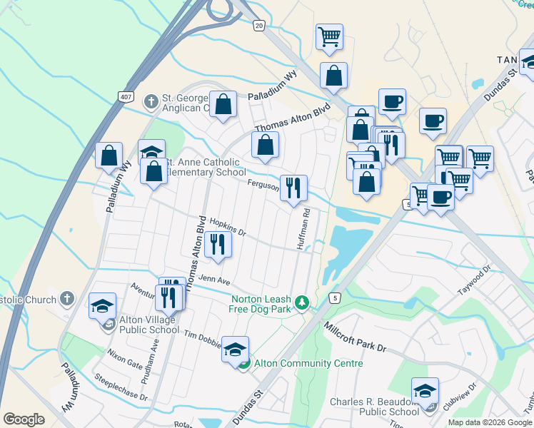 map of restaurants, bars, coffee shops, grocery stores, and more near 4678 Bracknell Road in Burlington