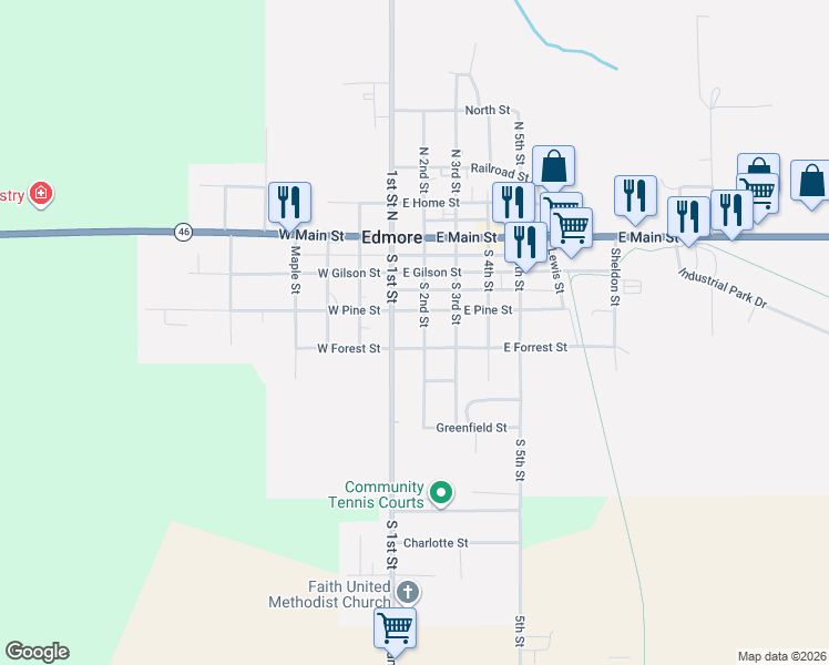map of restaurants, bars, coffee shops, grocery stores, and more near 325 South 1st Street in Edmore