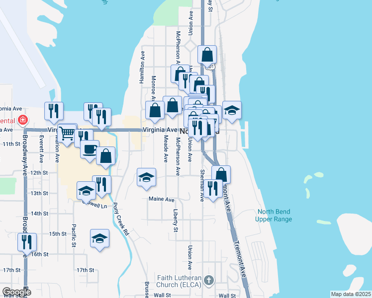 map of restaurants, bars, coffee shops, grocery stores, and more near 2090 Union Avenue in North Bend