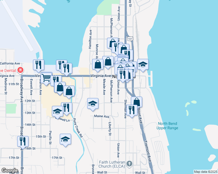 map of restaurants, bars, coffee shops, grocery stores, and more near 2097 Meade Avenue in North Bend