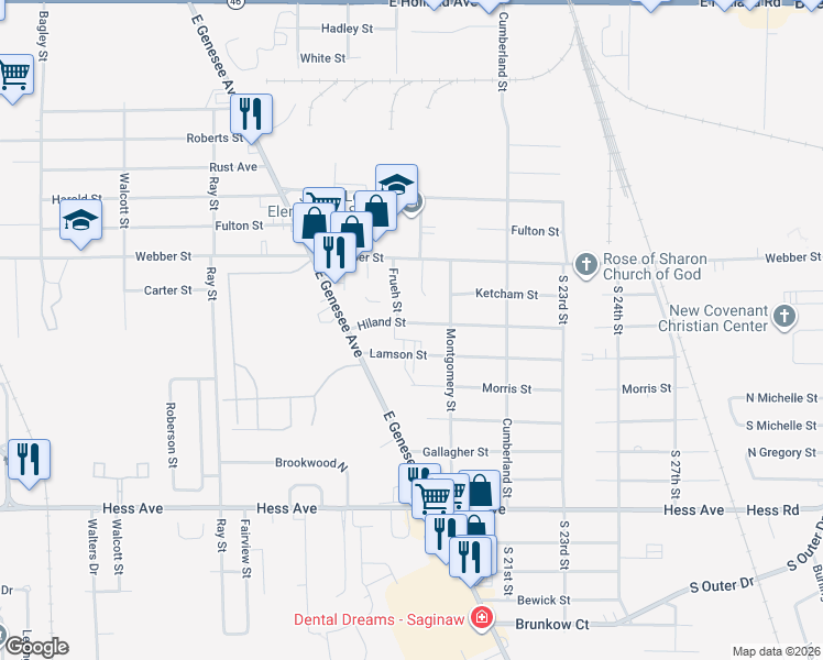 map of restaurants, bars, coffee shops, grocery stores, and more near 3906 Hiland Street in Saginaw