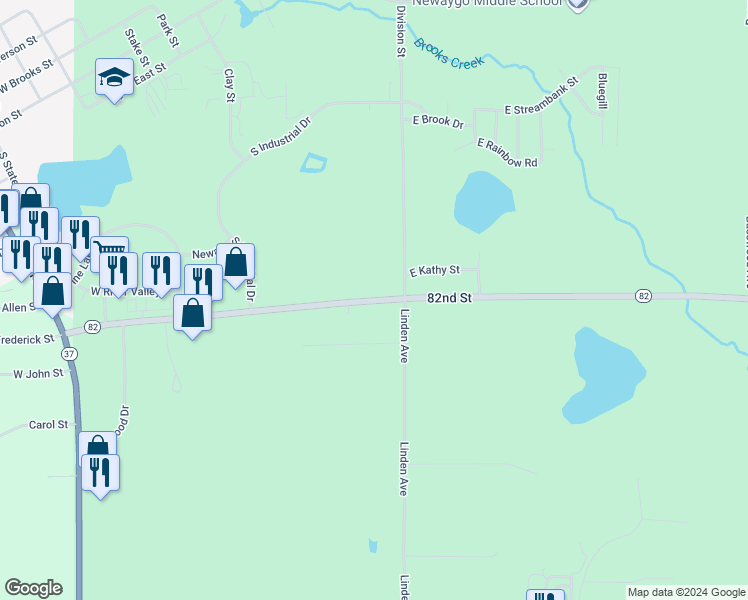 map of restaurants, bars, coffee shops, grocery stores, and more near 82nd Street in Newaygo