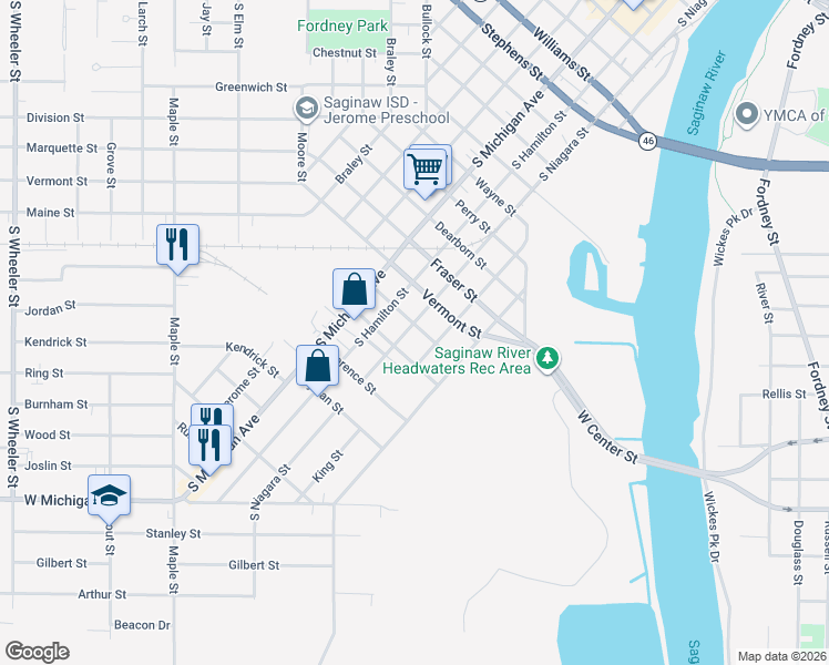 map of restaurants, bars, coffee shops, grocery stores, and more near 1800 South Niagara Street in Saginaw