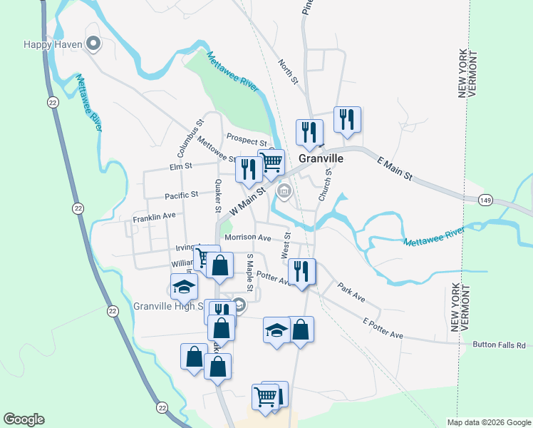 map of restaurants, bars, coffee shops, grocery stores, and more near 1 Rathbun Avenue in Granville