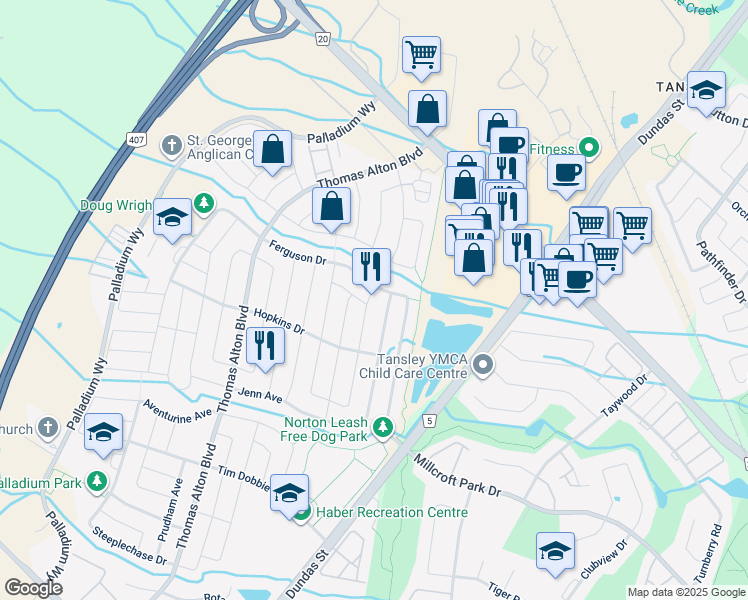 map of restaurants, bars, coffee shops, grocery stores, and more near 4686 McLeod Road in Burlington