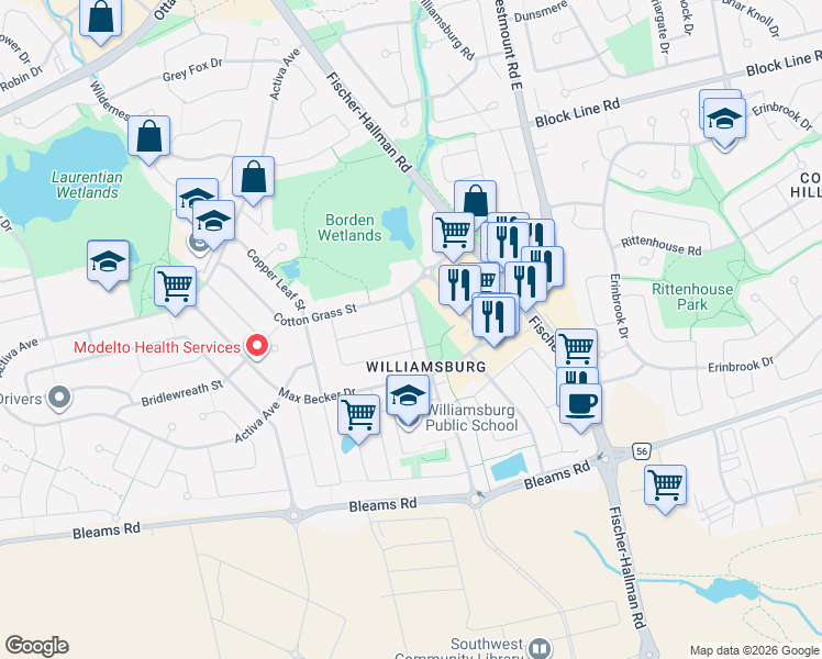 map of restaurants, bars, coffee shops, grocery stores, and more near 175 Commonwealth Street in Kitchener