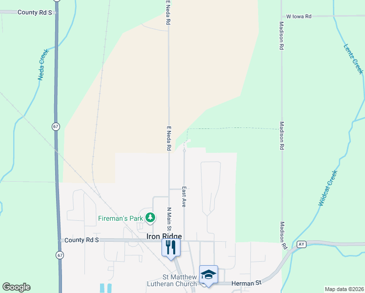 map of restaurants, bars, coffee shops, grocery stores, and more near N5852 East Avenue in Iron Ridge