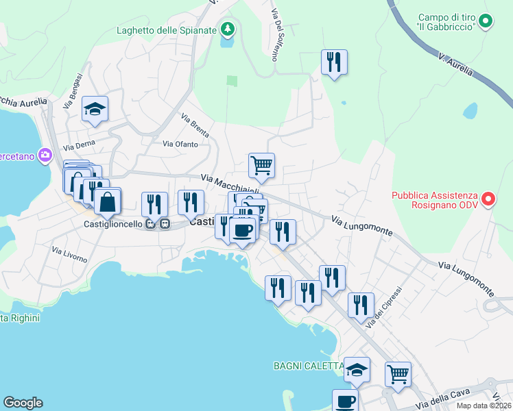 map of restaurants, bars, coffee shops, grocery stores, and more near 19 Via della Ragnaia in Rosignano Solvay-Castiglioncello