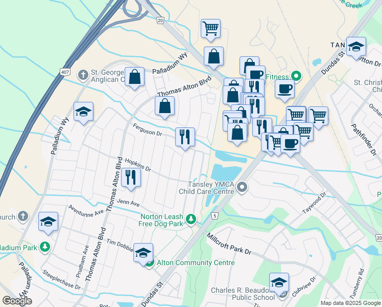 map of restaurants, bars, coffee shops, grocery stores, and more near 4693 Huffman Road in Burlington