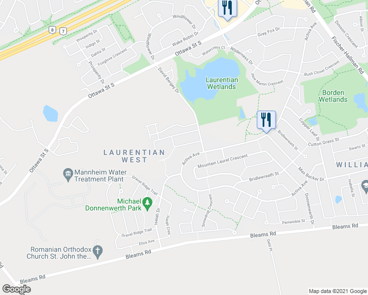 map of restaurants, bars, coffee shops, grocery stores, and more near 138 Peach Blossom Crescent in Kitchener