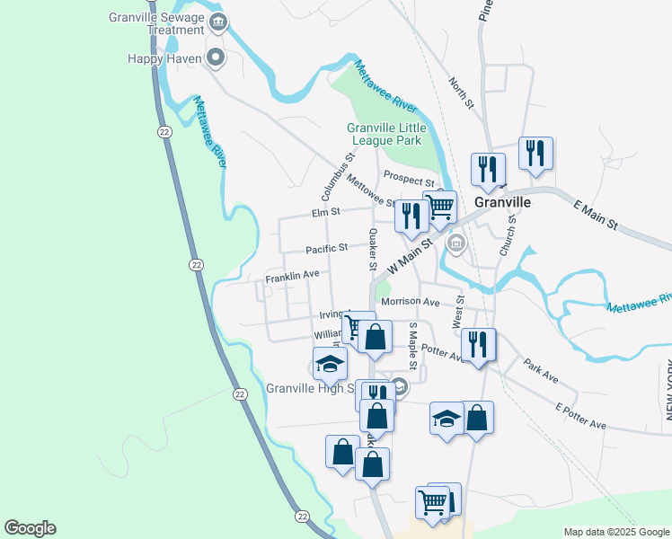 map of restaurants, bars, coffee shops, grocery stores, and more near 13 Columbus Street in Granville