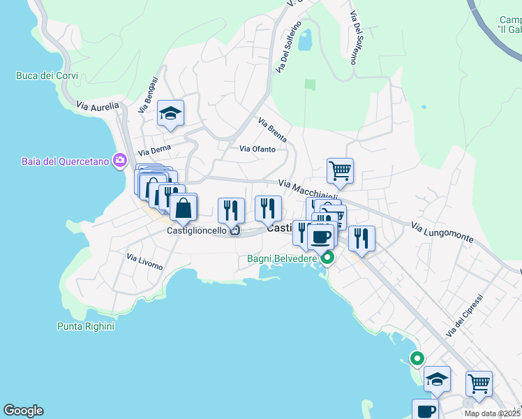 map of restaurants, bars, coffee shops, grocery stores, and more near 56 Via Vito D'Ancona in Rosignano Solvay-Castiglioncello