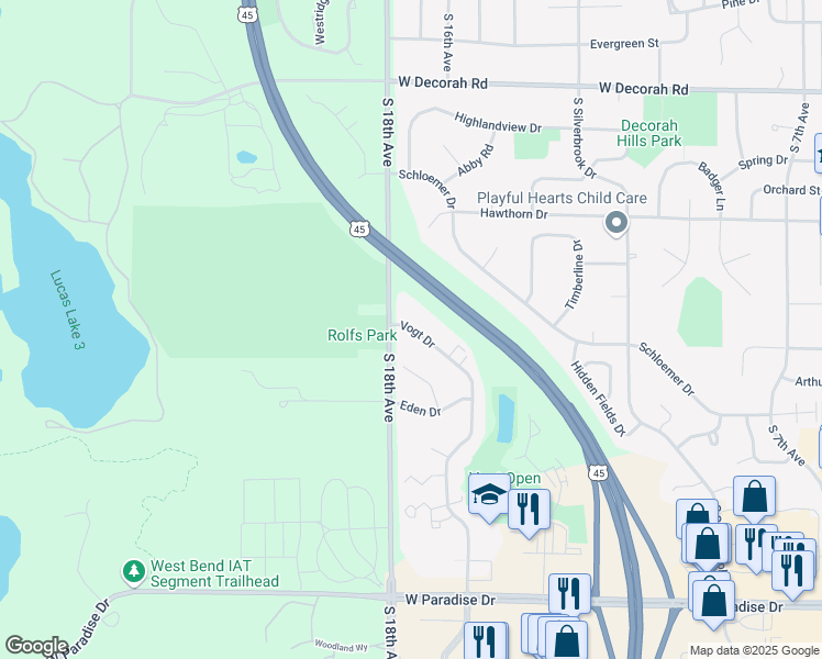map of restaurants, bars, coffee shops, grocery stores, and more near 1150 Vogt Drive in West Bend