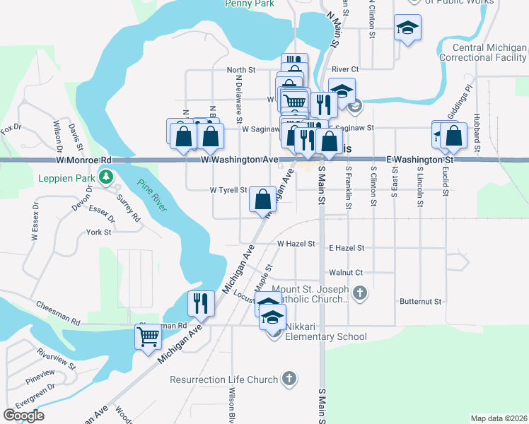 map of restaurants, bars, coffee shops, grocery stores, and more near 220 Michigan Avenue in St. Louis