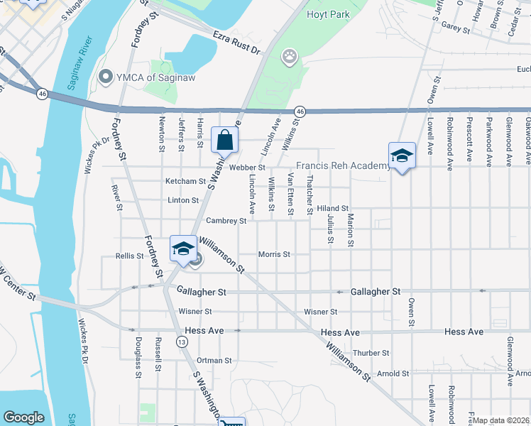 map of restaurants, bars, coffee shops, grocery stores, and more near 2303 Wilkins Street in Saginaw