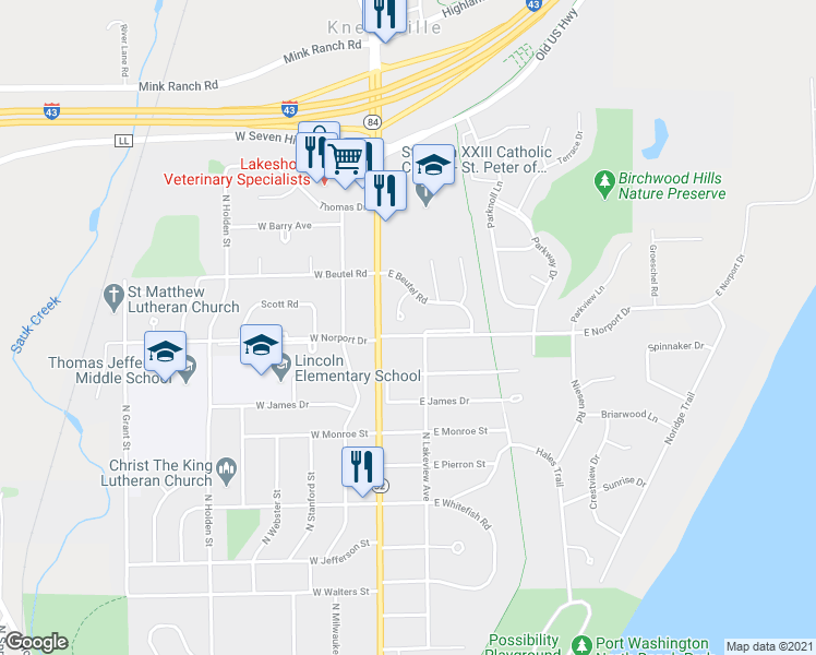 map of restaurants, bars, coffee shops, grocery stores, and more near 1508 Meadow Court in Port Washington