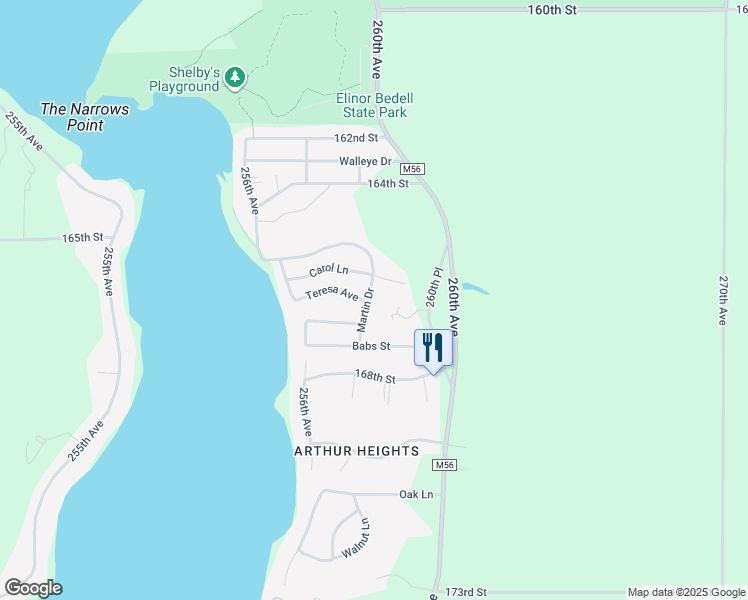 map of restaurants, bars, coffee shops, grocery stores, and more near Martin Drive in Spirit Lake
