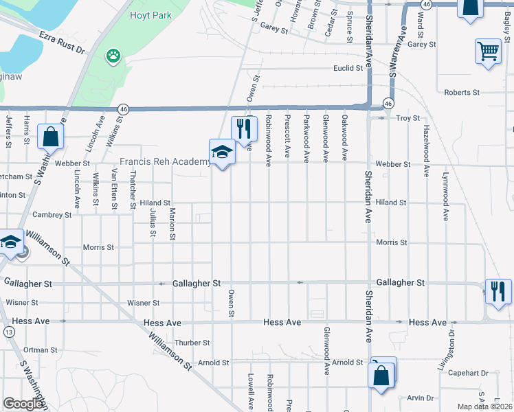 map of restaurants, bars, coffee shops, grocery stores, and more near 2302 Lowell Avenue in Saginaw