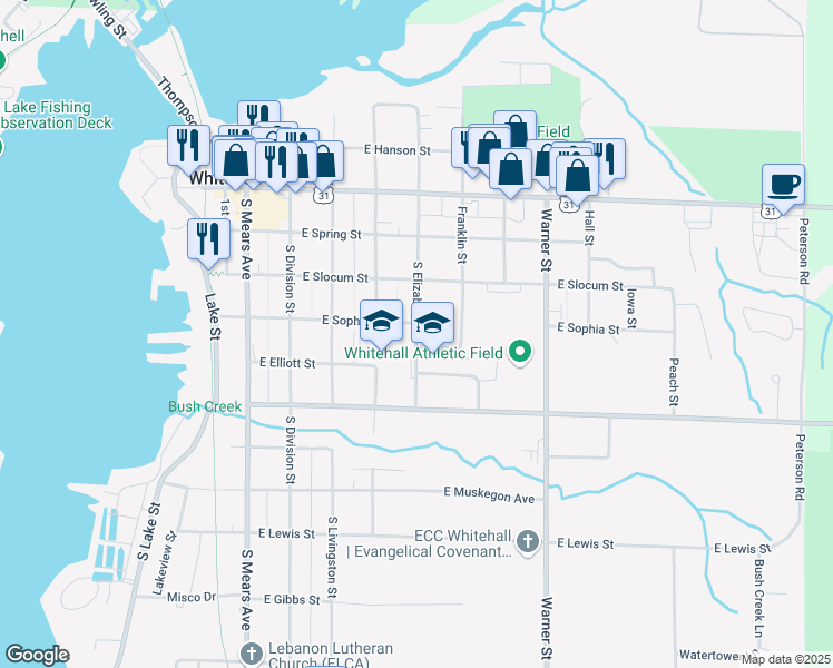 map of restaurants, bars, coffee shops, grocery stores, and more near 401 South Elizabeth Street in Whitehall