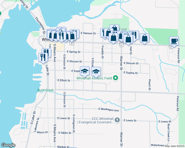map of restaurants, bars, coffee shops, grocery stores, and more near 401 South Elizabeth Street in Whitehall