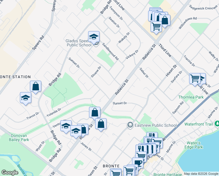map of restaurants, bars, coffee shops, grocery stores, and more near 328 Sawyer Road in Oakville