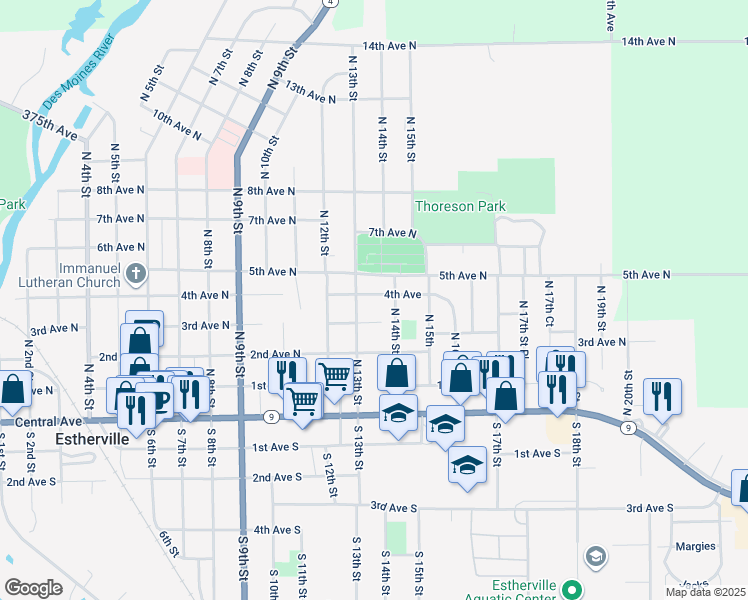 map of restaurants, bars, coffee shops, grocery stores, and more near 1314 4th Avenue in Estherville