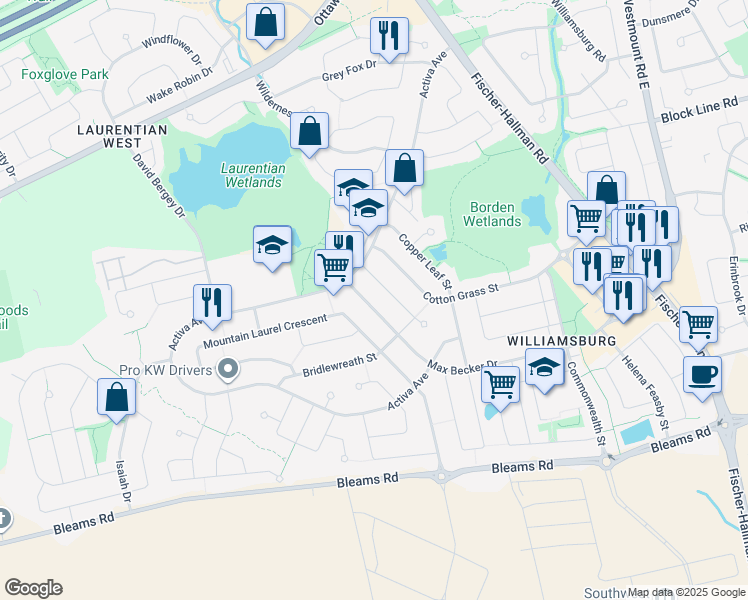 map of restaurants, bars, coffee shops, grocery stores, and more near 32 Max Becker Drive in Kitchener