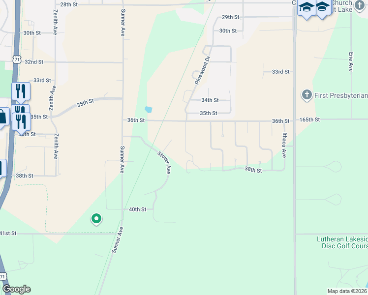 map of restaurants, bars, coffee shops, grocery stores, and more near 1501-1599 Stover Lane in Spirit Lake