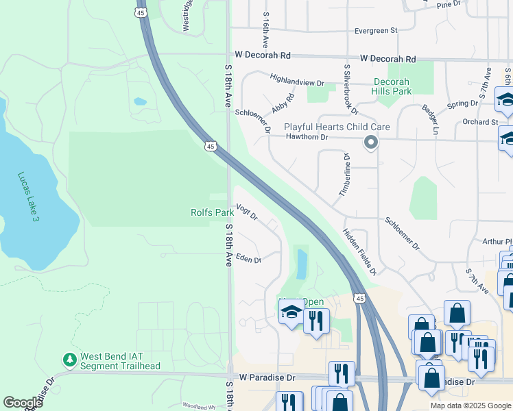 map of restaurants, bars, coffee shops, grocery stores, and more near 1150 Vogt Drive in West Bend