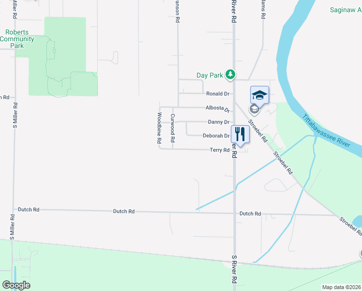 map of restaurants, bars, coffee shops, grocery stores, and more near 7240 Terry Road in Saginaw