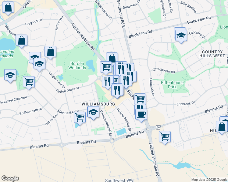 map of restaurants, bars, coffee shops, grocery stores, and more near 601 Max Becker Drive in Kitchener