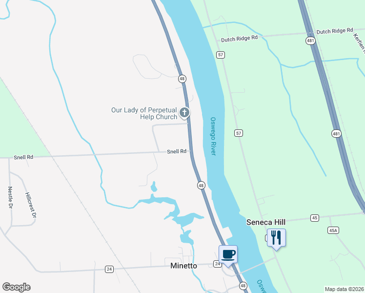 map of restaurants, bars, coffee shops, grocery stores, and more near 2 County Route 42 in Oswego