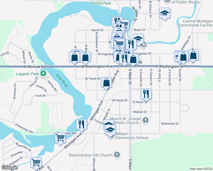 map of restaurants, bars, coffee shops, grocery stores, and more near 220 Michigan Avenue in St. Louis