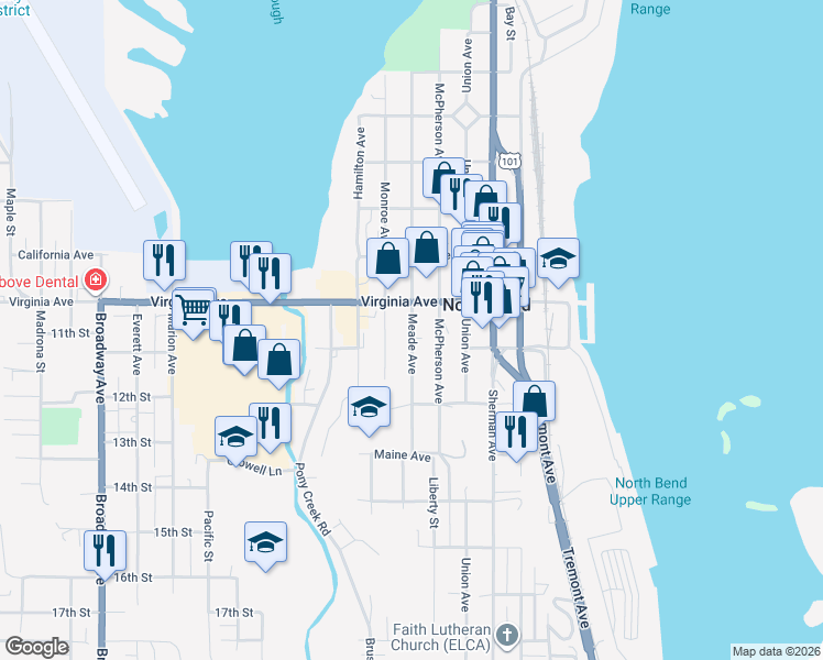map of restaurants, bars, coffee shops, grocery stores, and more near 2054 Meade Street in North Bend