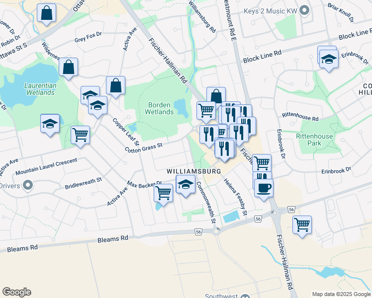 map of restaurants, bars, coffee shops, grocery stores, and more near 175 Commonwealth Street in Kitchener