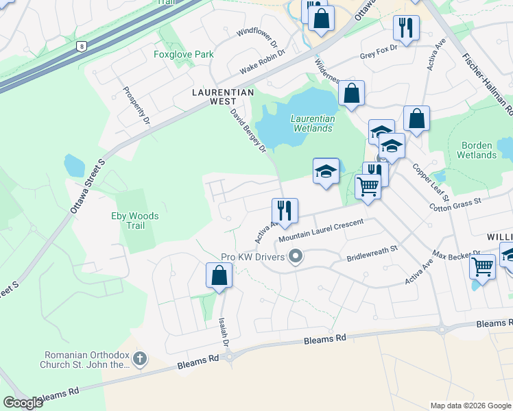 map of restaurants, bars, coffee shops, grocery stores, and more near 131 Peach Blossom Crescent in Kitchener