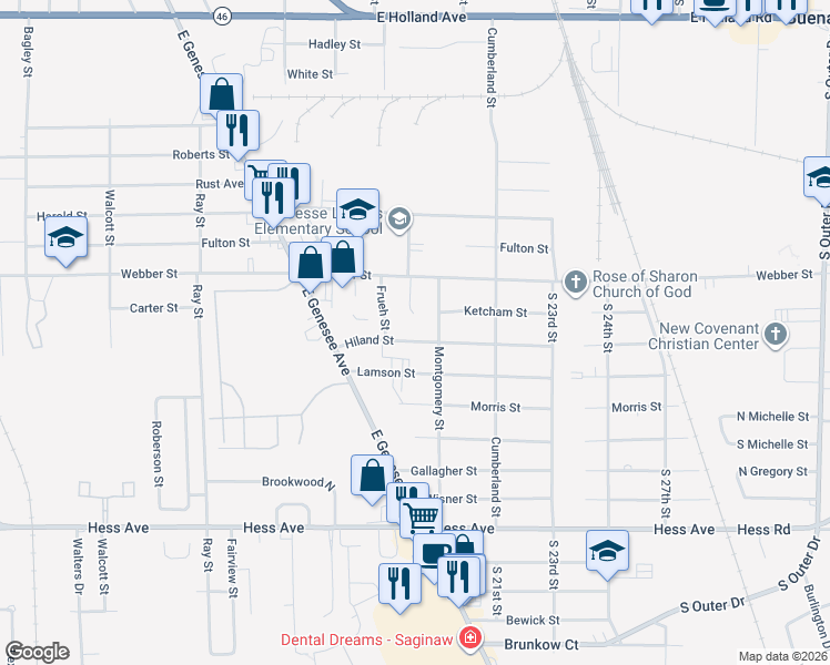map of restaurants, bars, coffee shops, grocery stores, and more near 3906 Hiland Street in Saginaw