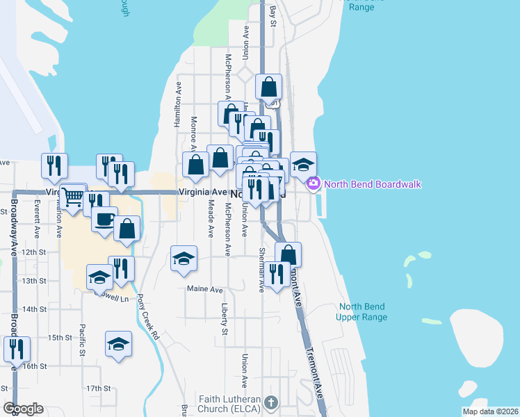 map of restaurants, bars, coffee shops, grocery stores, and more near 2056 Sherman Avenue in North Bend