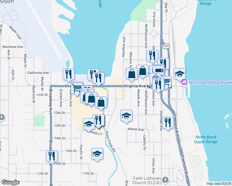 map of restaurants, bars, coffee shops, grocery stores, and more near 2095 Harrison Street in North Bend