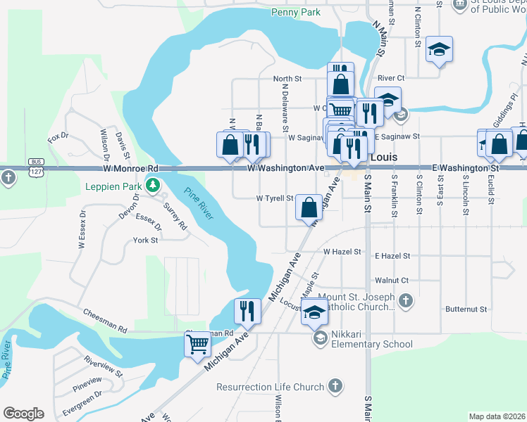 map of restaurants, bars, coffee shops, grocery stores, and more near 219 South Bankson Street in St. Louis