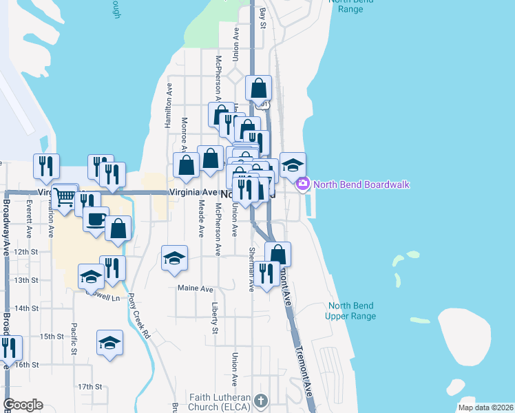 map of restaurants, bars, coffee shops, grocery stores, and more near 2079 Sherman Avenue in North Bend