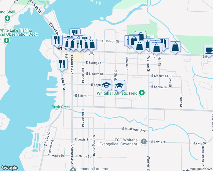 map of restaurants, bars, coffee shops, grocery stores, and more near 425 East Sophia Street in Whitehall